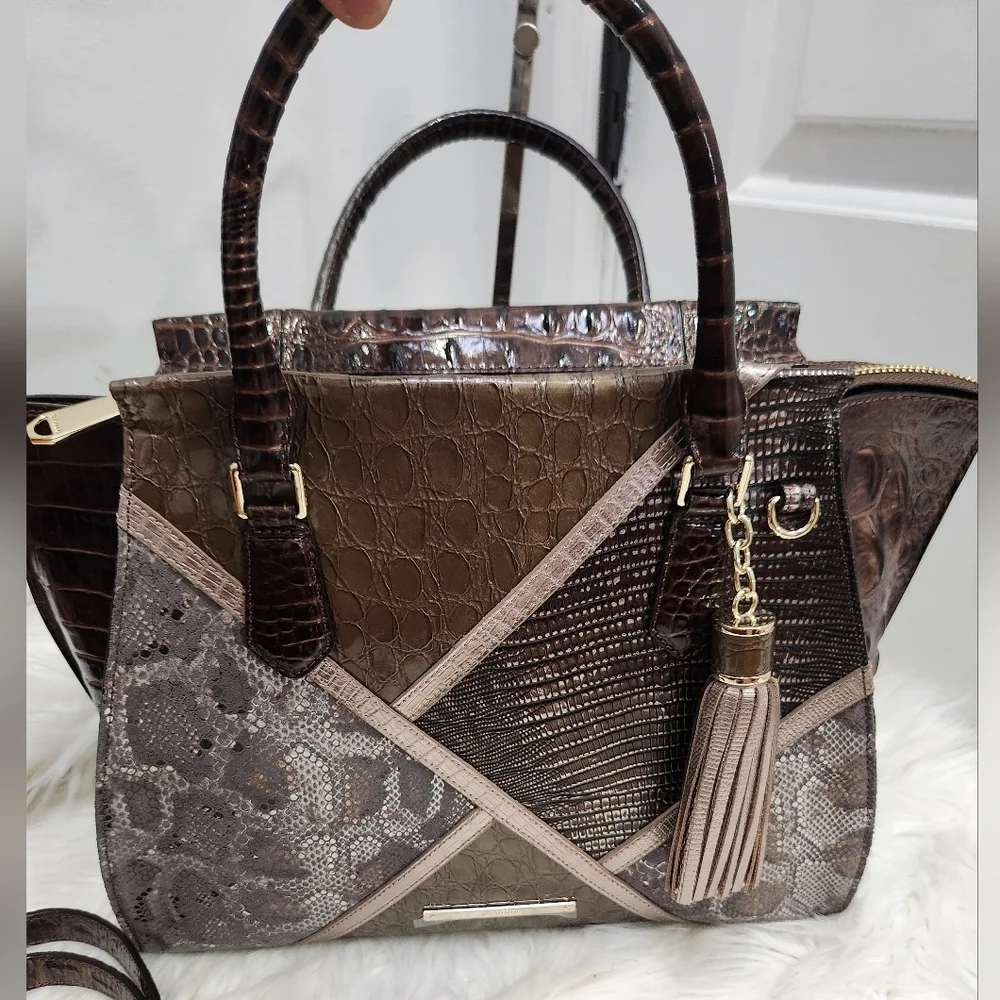 🖤▪️BRAHMIN▪️ TAUPE Tempera PRISCILLA Croc Satchel  Python Patchwork + Wallet